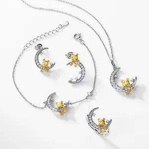 Elegant S925 silver moon and golden bear jewelry set with sparkling white stones