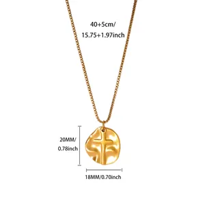 Detail view of 18K gold plated stainless steel cross pendant necklace with measurements