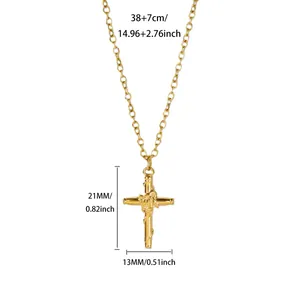 Detailed view of the gold cross pendant necklace featuring rose engraving and size specifications