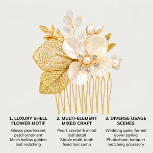 Dettaglio del pettine per capelli con fiori fatti a mano e perle dorate per sposa