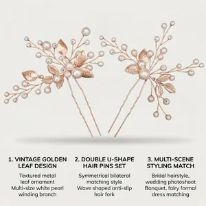 Close-up view of vintage golden leaf hair pins set featuring elegant white pearls