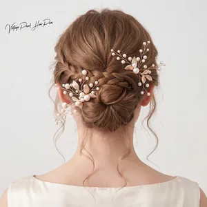 Vintage Bridal Artificial Pearl Leaf Hair Sticks Set Handmade Beaded U Shape Hairpins For Wedding Party Bridesmaid Hair Accessories
