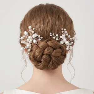 Elegant set of two vintage silver leaf and pearl hair pins for wedding bridal hairstyles