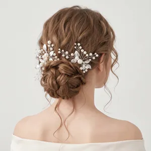 Vintage silver branch leaf pearl handmade hair pin set for bridal updo hairstyle