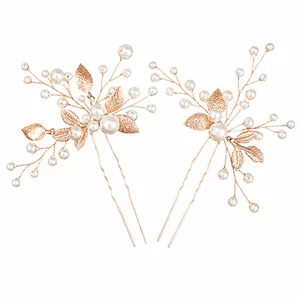 Elegant set of 2 vintage rose gold leaf and pearl hair pins for wedding bridal hairstyling