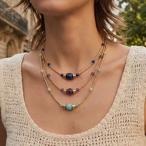 Three-layered gold beaded necklace with lapis lazuli, amethyst and amazonite stones on model