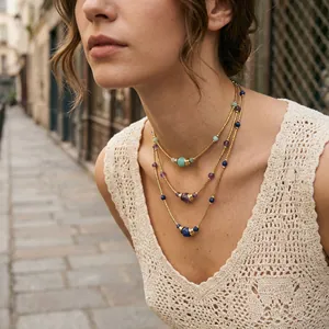Caucasian model wearing elegant layered gold necklaces with lapis lazuli and amazonite beads