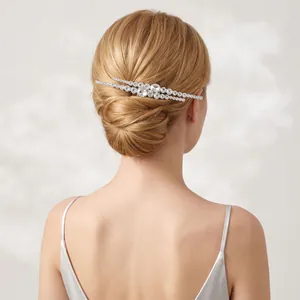 Back view of a sparkling zircon hair comb accessory styled in a classic blonde bun