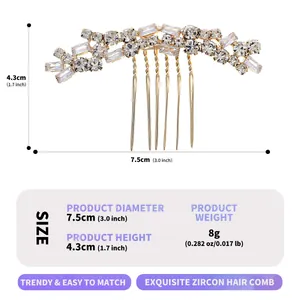 Detail view of vintage bridal zircon hair comb with dimensions and 8g weight specs.