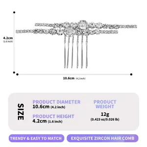 Detailed dimensions of elegant bridal zircon hair comb with silver-tone finish