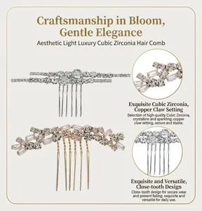 Detailed view of exquisite bridal vintage zircon hair comb with dense teeth design
