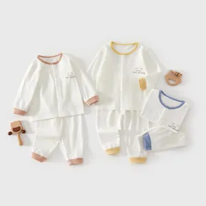 Newborn Baby Waffle Cotton Pajamas Long Sleeve Breathable Bear Brother Home Wear Air Conditioning Top And Pants For Infants