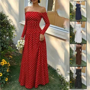 Detail view of off-shoulder polka dot maxi dress in red and various color options