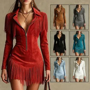 Close-up of slim-fit fringe tassel dress in multiple colors with front zipper detail