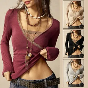 Slim fit Y2K V-neck long sleeve top with elegant lace trim, available in four colors