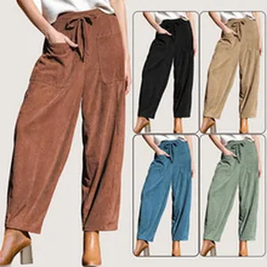 Casual multi-color corduroy wide-leg trousers with drawstring waist and pockets detail