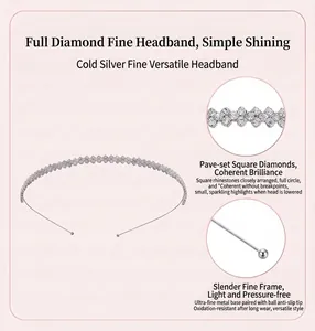 Close-up detail of a minimalist slim silver headband encrusted with square rhinestones