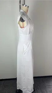 Side view detail of white sleeveless maxi dress with standing collar and flutter sleeves
