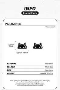 S925 sterling silver black cat stud earrings with detailed product size and weight info
