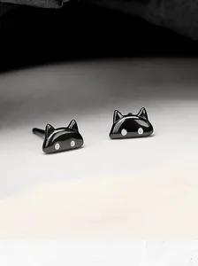 Close-up detail showing the cute black cat-shaped S925 sterling silver stud earrings
