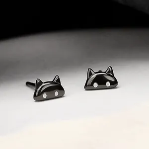 Cute black cat S925 sterling silver stud earrings for a minimalist and sweet style