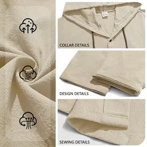 Close-up detail of beige men's hooded cotton shirt showing collar and sewing texture.