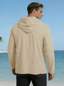 Back view of men's casual beige long-sleeve hooded shirt with textured fabric
