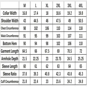 Detailed size chart for men's denim jacket including chest, length, and sleeve measurements.