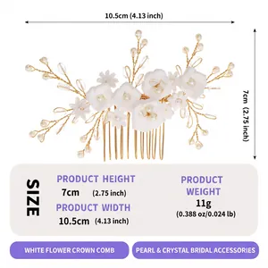 Handmade bridal hair comb with white clay flowers pearls and crystals size details