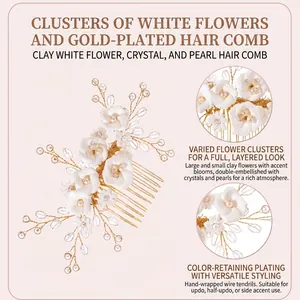 Macro view of an elegant bridal hair comb with handmade white flowers and pearls