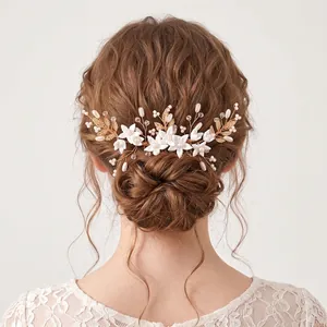 Handmade Bridal Hair Comb White Clay Flower Imitation Artificial Pearl Rhinestone Wedding Hair Accessories For Women Forest Style