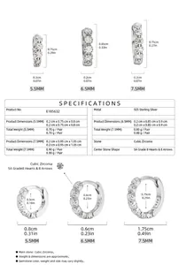 Detailed size chart and specifications for S925 sterling silver hoop earrings with cubic zirconia