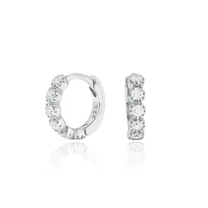 Close-up of S925 sterling silver hoop earrings with full pavé cubic zirconia stones