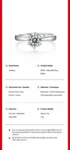 Especificaciones detalladas del anillo ajustable de plata 925 con moissanita