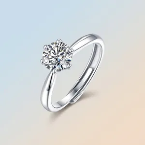 Elegante anillo solitario de moissanita de seis garras en plata S925, banda ajustable
