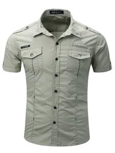 Detail view of men's short-sleeve cargo shirt with epaulets and dual chest pockets