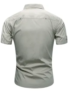 Back view of a khaki military style cotton short sleeve workwear shirt for men