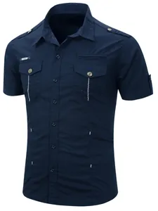 Navy blue men's short-sleeve military cotton shirt featuring epaulettes and twin chest pockets