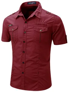 Detailed view of men's burgundy cotton military shirt with epaulets and pockets