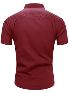 Professional back view of a men's burgundy short-sleeved cotton military cargo shirt
