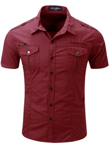 Front view detail of a wine red military style short sleeve cotton cargo shirt for men