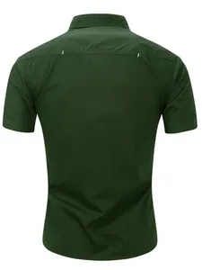 Back view detail of a men's short-sleeved army green cotton shirt with classic stitching