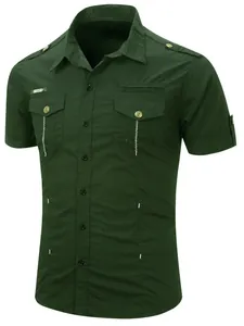 Detailed view of dark green military style short sleeve cotton shirt with pockets