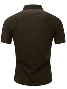 Back view of a black short-sleeved cotton outdoor work shirt for men