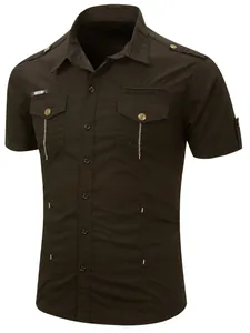 Military style men's cotton short-sleeved shirt with chest pockets and shoulder epaulettes