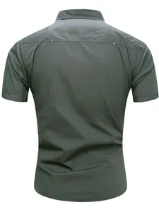 Back view of a men's olive green cotton short sleeve military style outdoor shirt