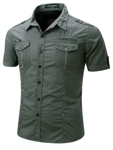 Premium military style men's short sleeve cotton shirt with chest pockets in dark grey color