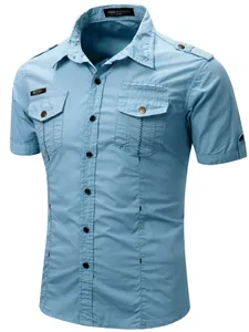 Detail view of light blue men's cargo shirt with chest pockets and decorative stitching.