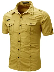 Front view of mustard yellow short-sleeved military style cotton shirt for men