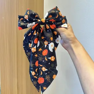 Barrette à nœud Halloween avec imprimé citrouille et fantôme, grand nœud style gothique
